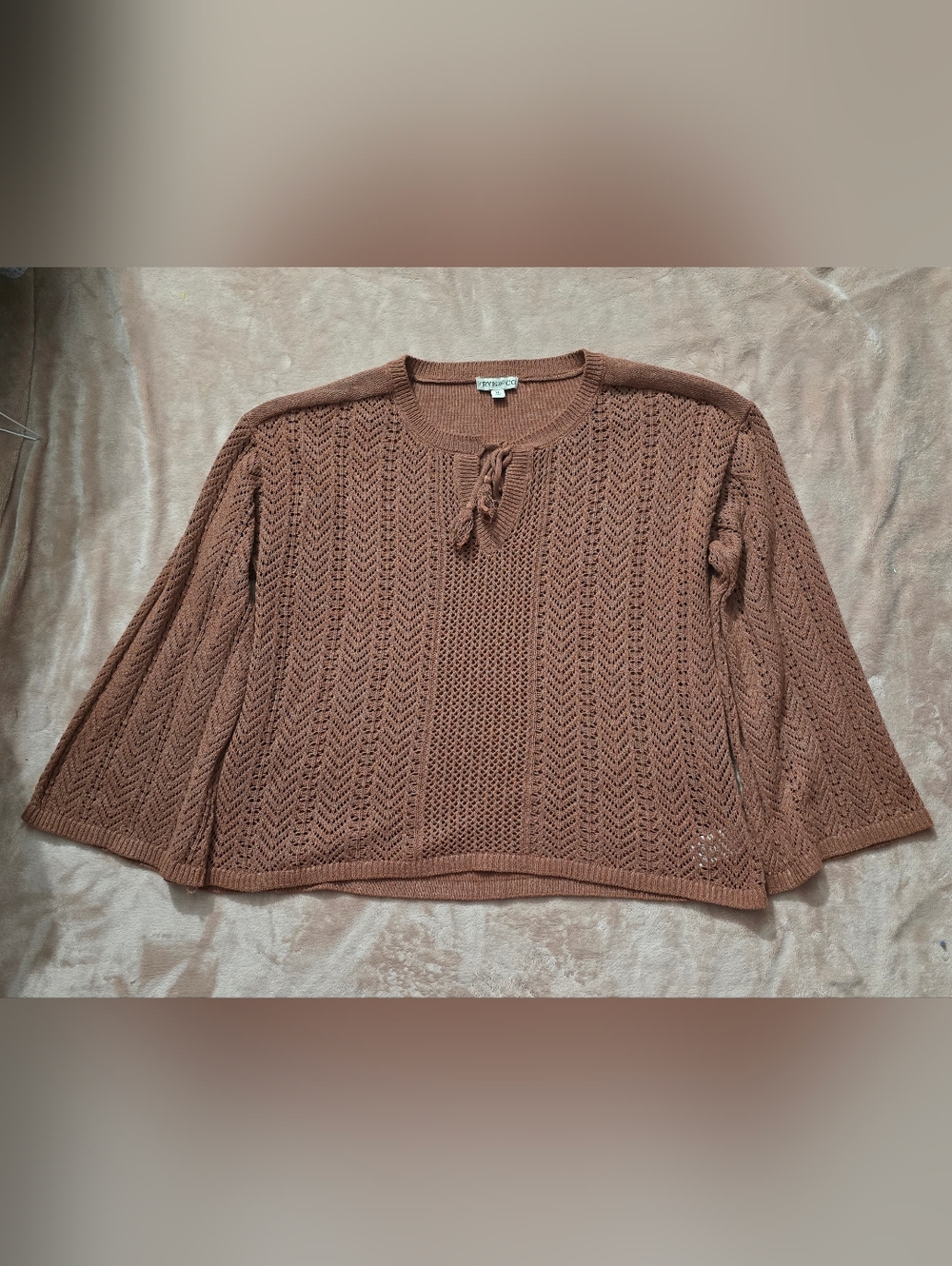 Frye and Co Pointelle Knit Sweater Womens  Sienna Brown Tassels Boho Size XL